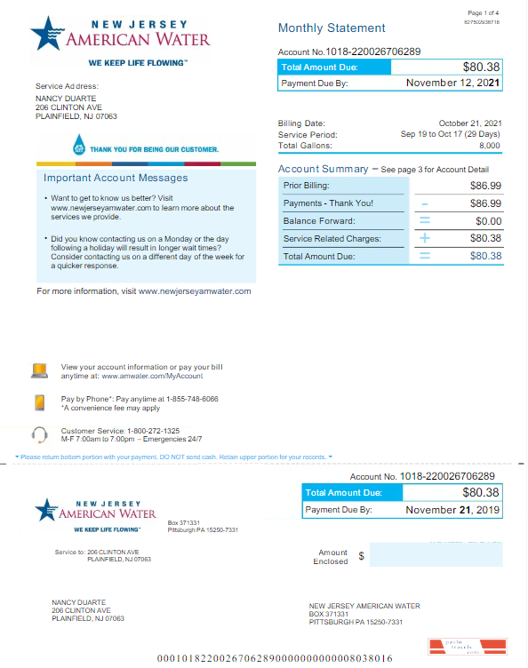 USA NEW JERSEY AMERICAN WATER utility bill Word and PDF template